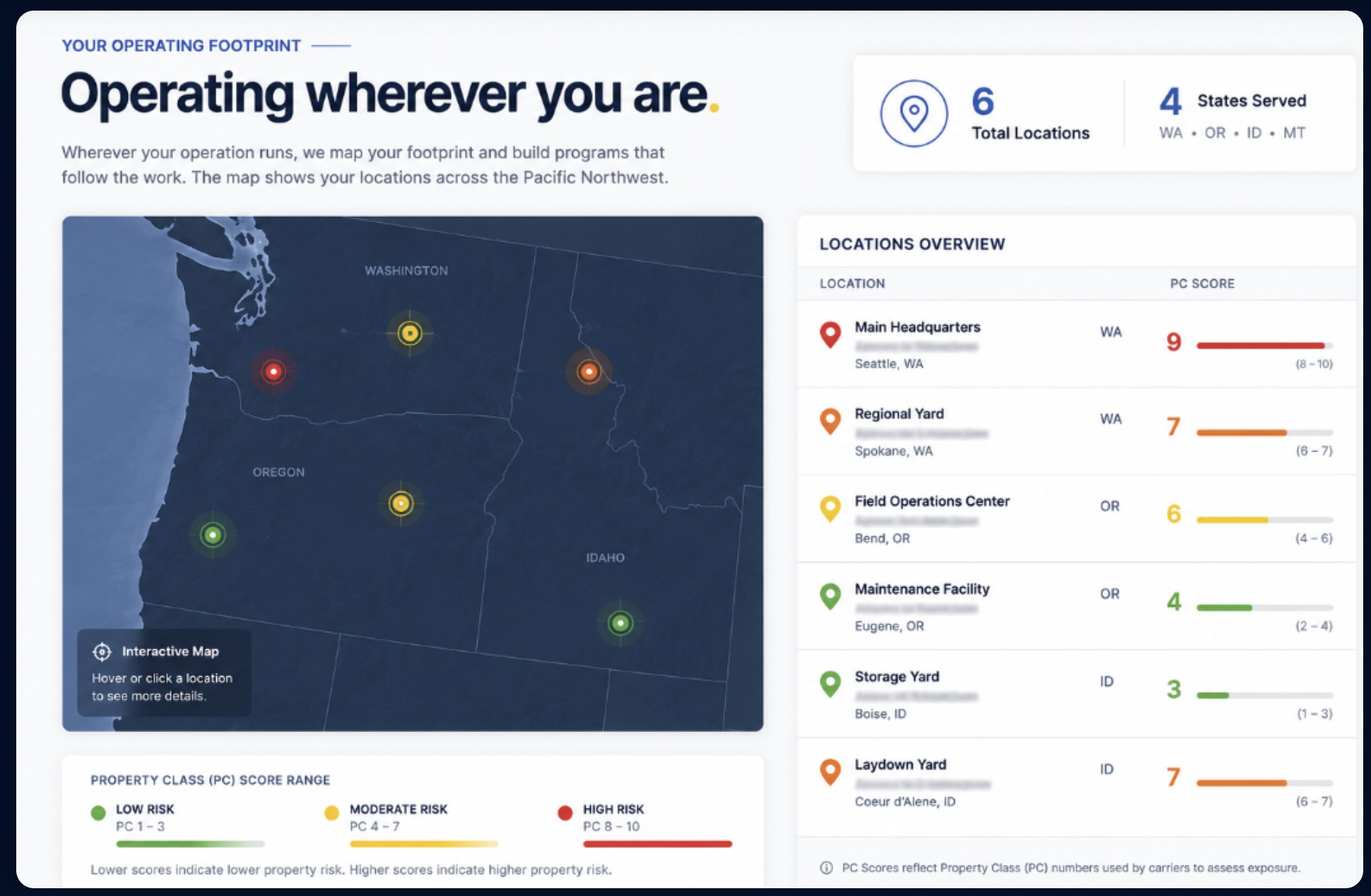 Example operating footprint map plotting client locations across the Pacific Northwest